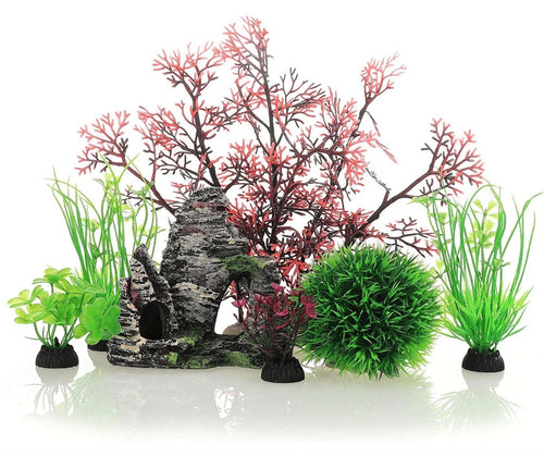 7 Pack Fish Tank Plastic Plants and Cave Rock Decorations Aquarium Decor Type Small Size